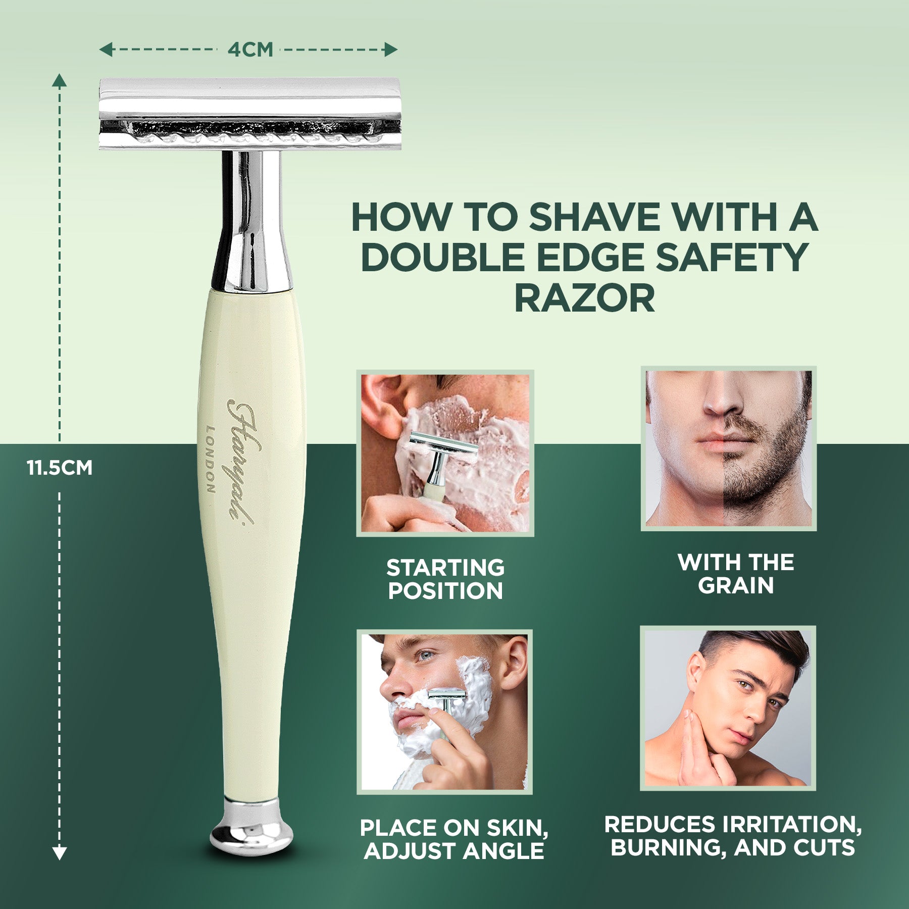 Double edge safety razor with usage instructions on a green background