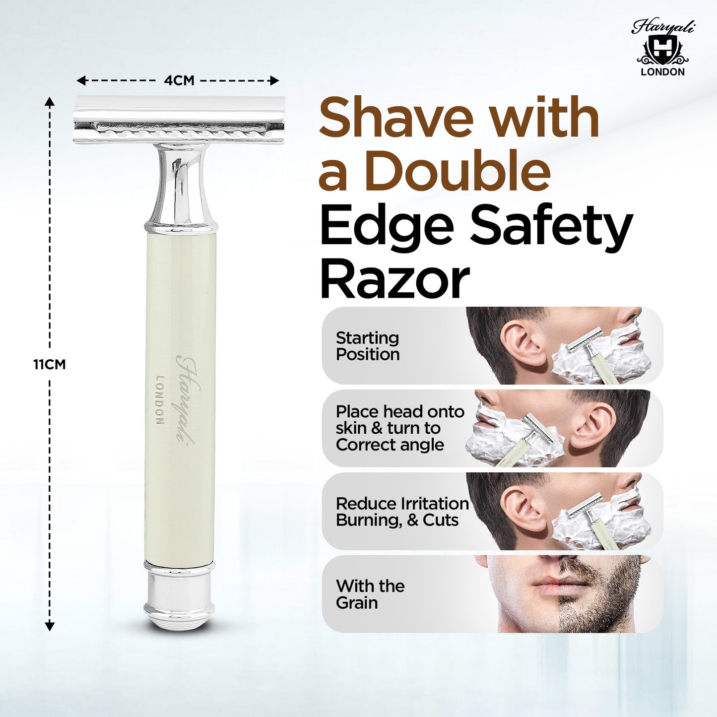 Haryali London’s Titan ivory double edge razor features a refined ivory-look handle and closed comb DE head, delivering a smooth, comfortable shave using double edge razor blades across the UK.
