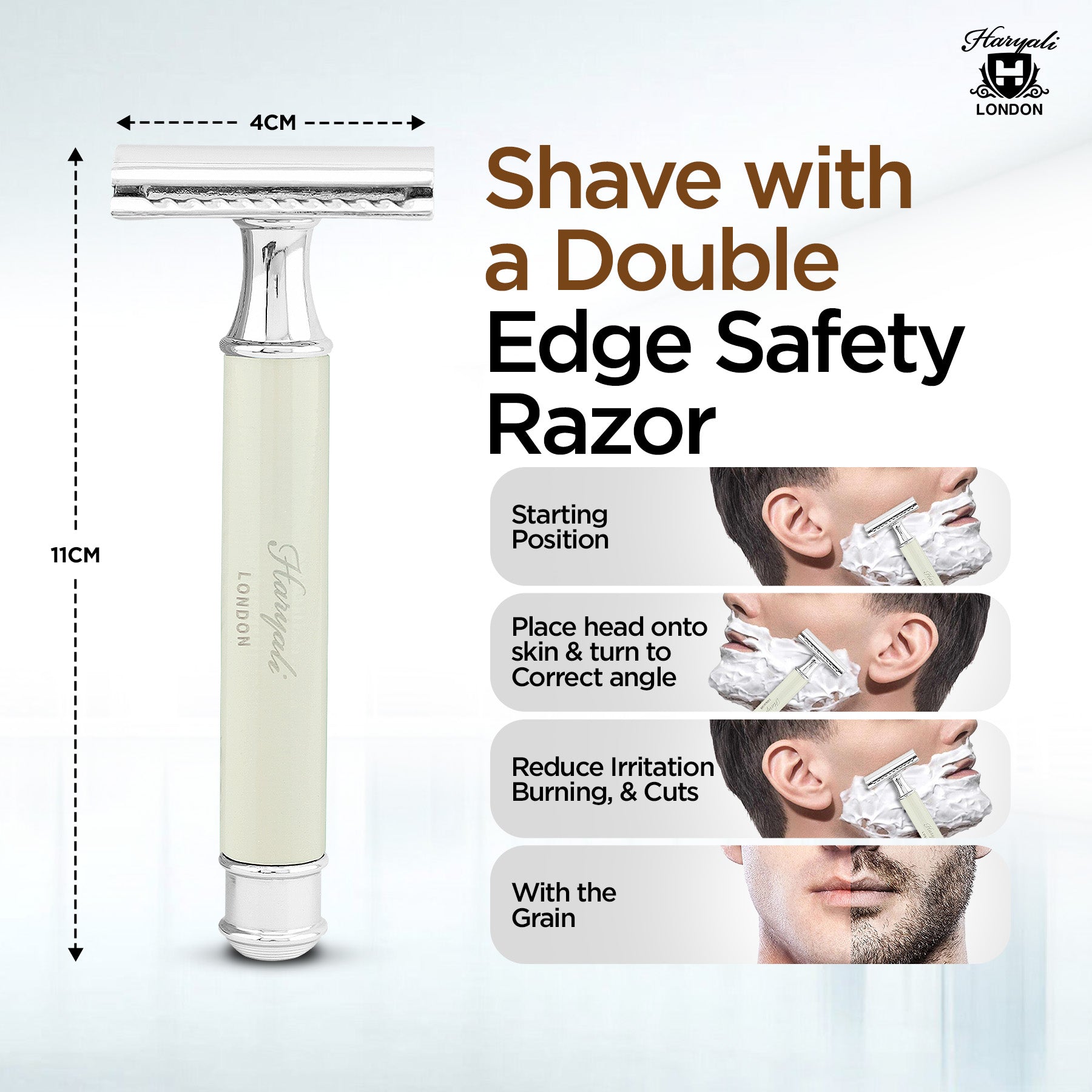 Haryali London’s Titan ivory double edge razor features a refined ivory-look handle and closed comb DE head, delivering a smooth, comfortable shave using double edge razor blades across the UK.