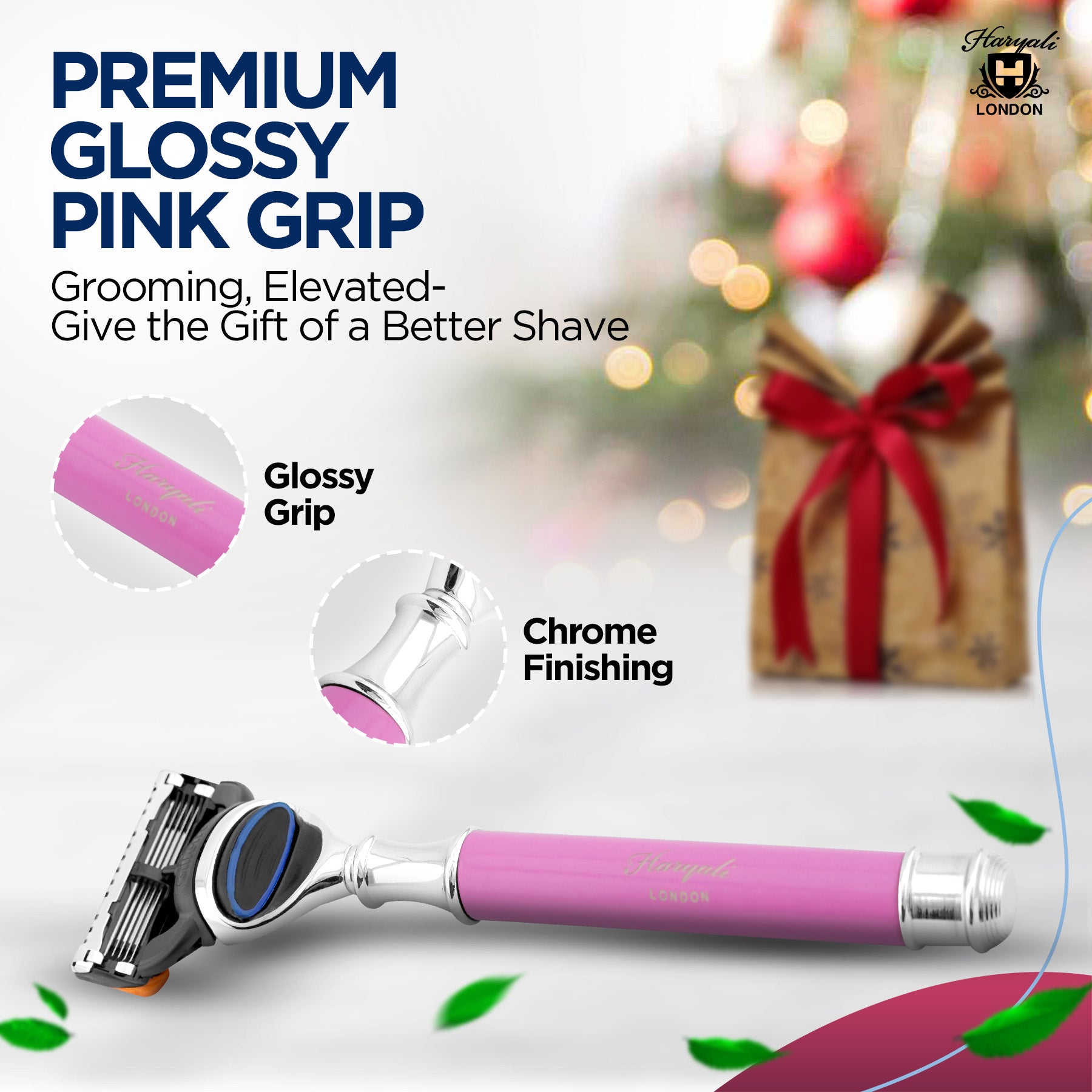 Wet shaving razor in pink with 5 cartridges and chrome finish