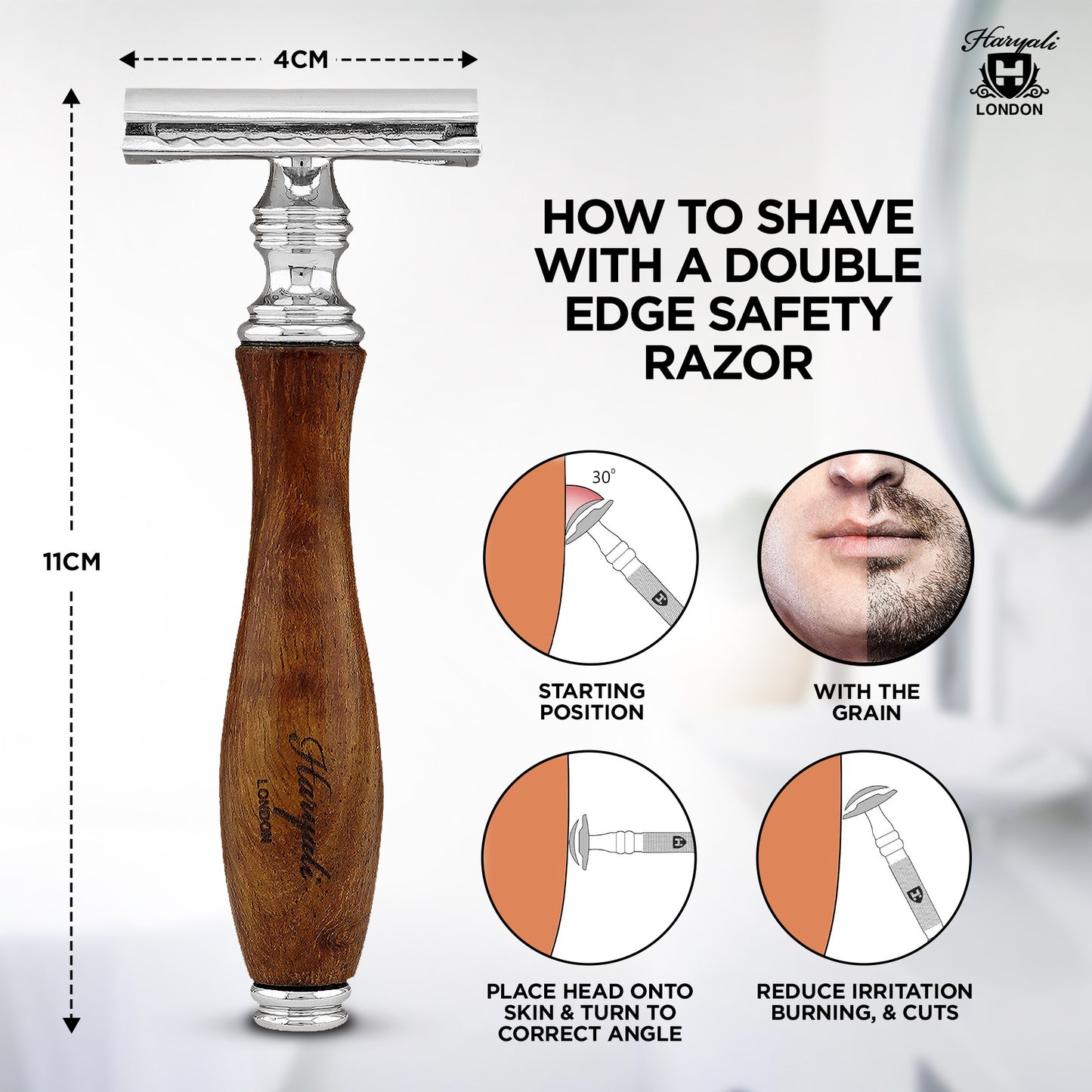 This wooden double edge razor by Haryali London combines a natural wood handle with a closed comb DE razor head, offering smooth shaves with all standard double edge razor blades in the UK.