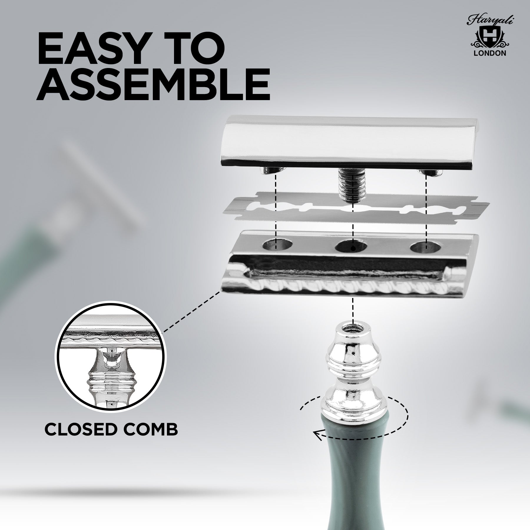 haryali London razor with assembly instructions on a gray background