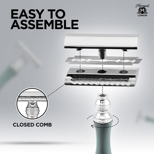 haryali London razor with assembly instructions on a gray background